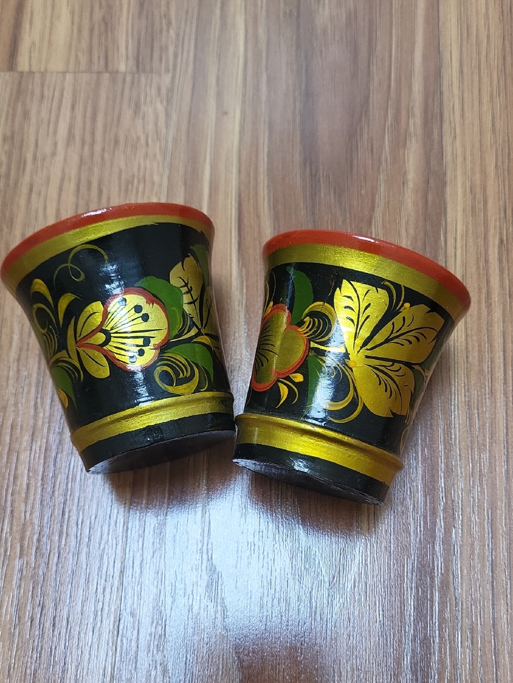 Khokhloma Hand-Painted Black and Gold Floral Wooden Cups - Set of 2